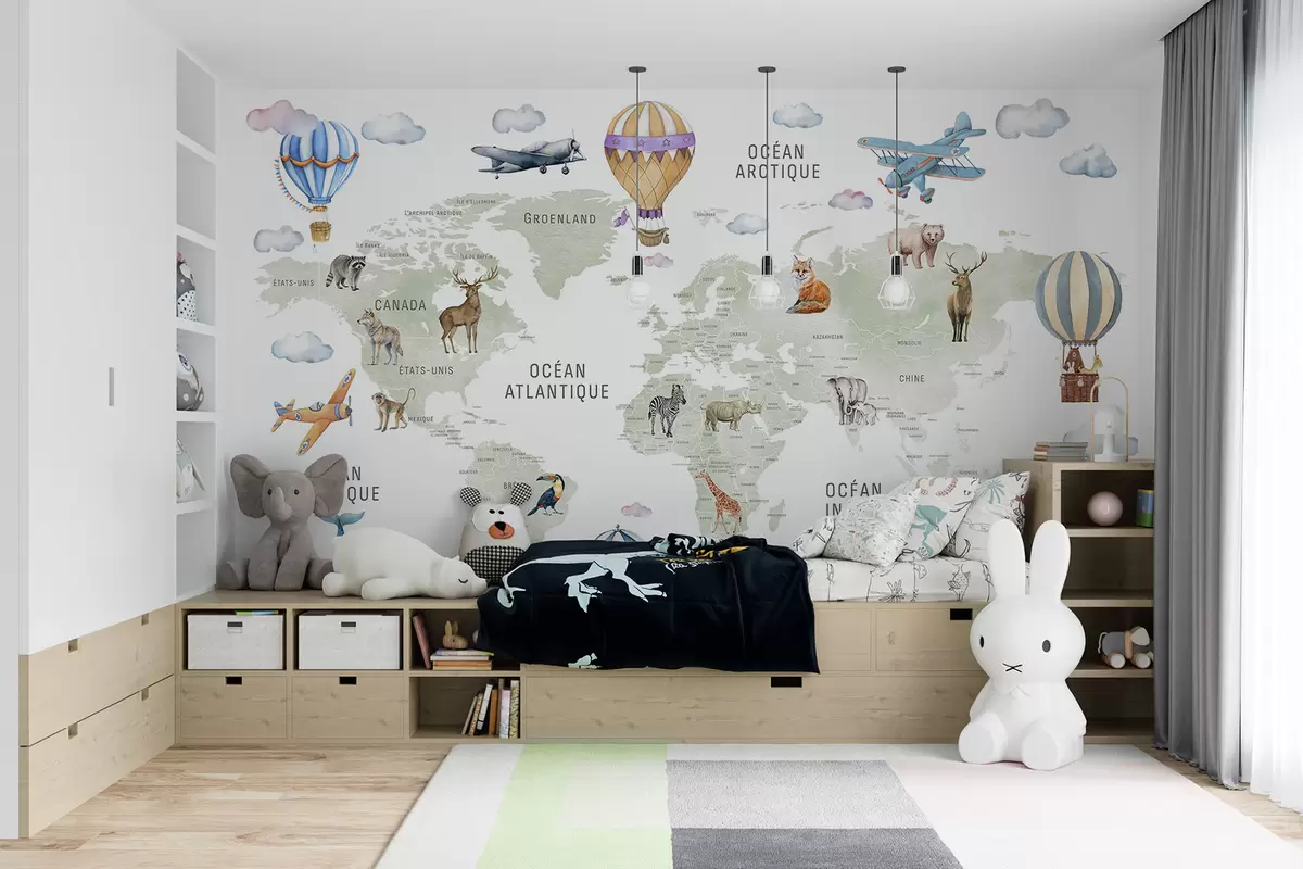Papier peint Carte pour enfants au style aquarelle avec des animaux et des montgolfières. En français. Couleur verte. c00001fr