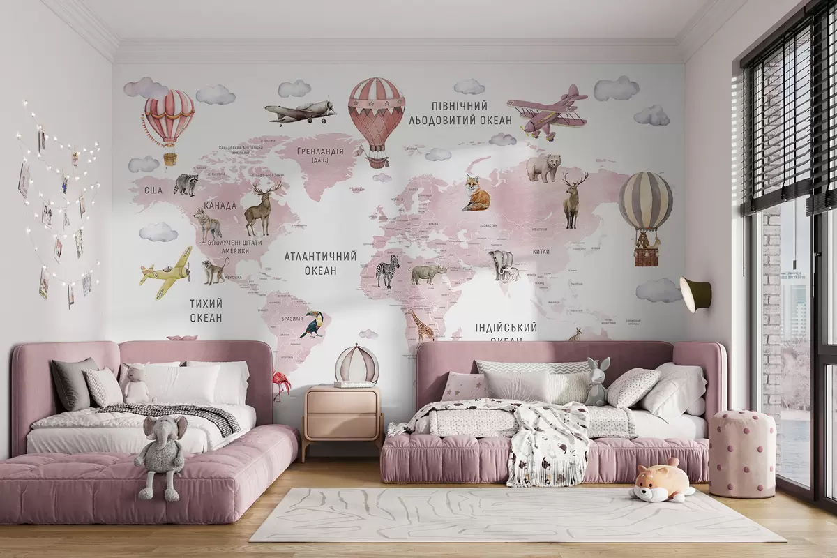 Papier peint Carte pour enfants au style aquarelle avec des animaux et des montgolfières. En ukrainien. Couleur rose. c00001ukv3