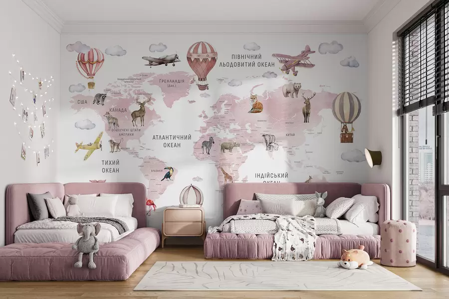 Papier peint Carte pour enfants au style aquarelle avec des animaux et des montgolfières. En ukrainien. Couleur rose. c00001ukv3