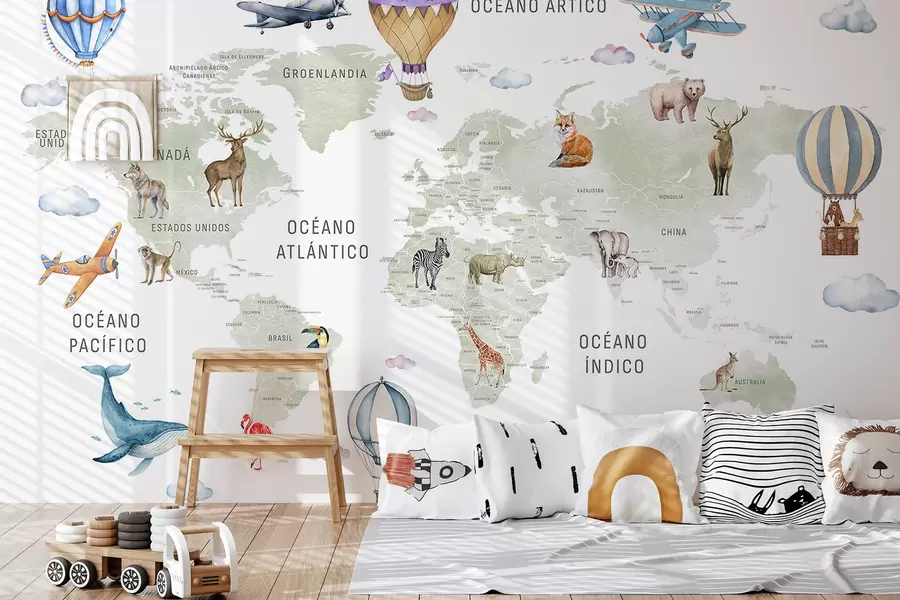 Papier peint Carte pour enfants au style aquarelle avec des animaux et des montgolfières. En espagnol. Couleur verte. c00001es