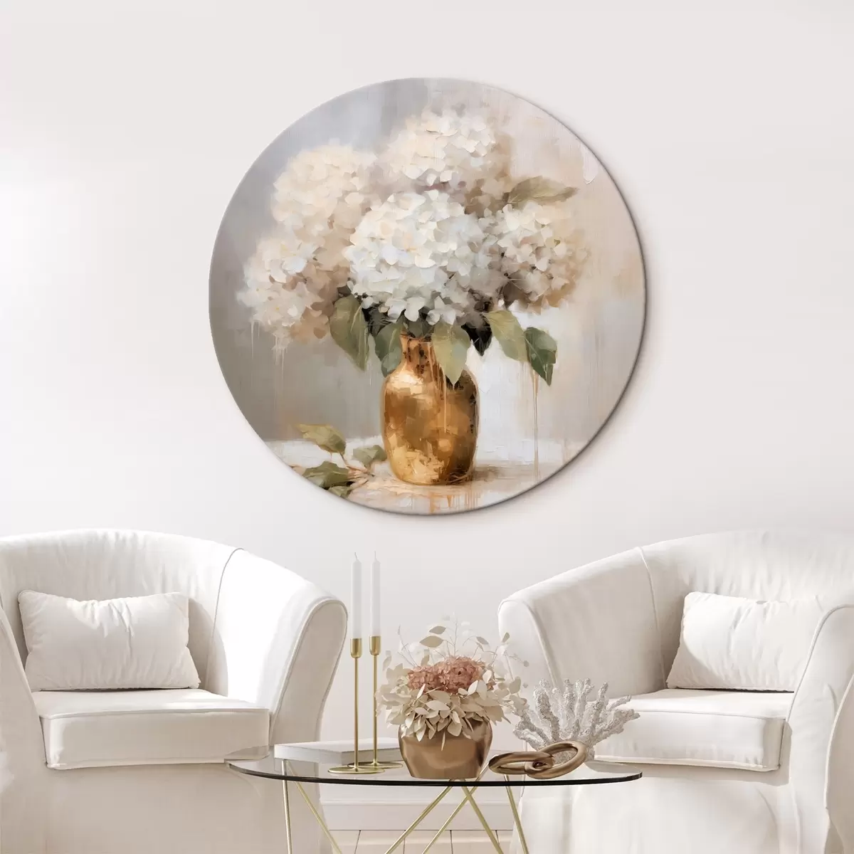 Tableaux rondes Bouquet délicat d'hortensias dans un vase r46263
