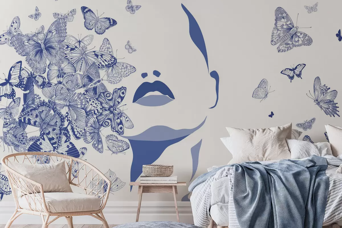 Papier peint Silhouette d'un visage parmi les papillons w04778v1