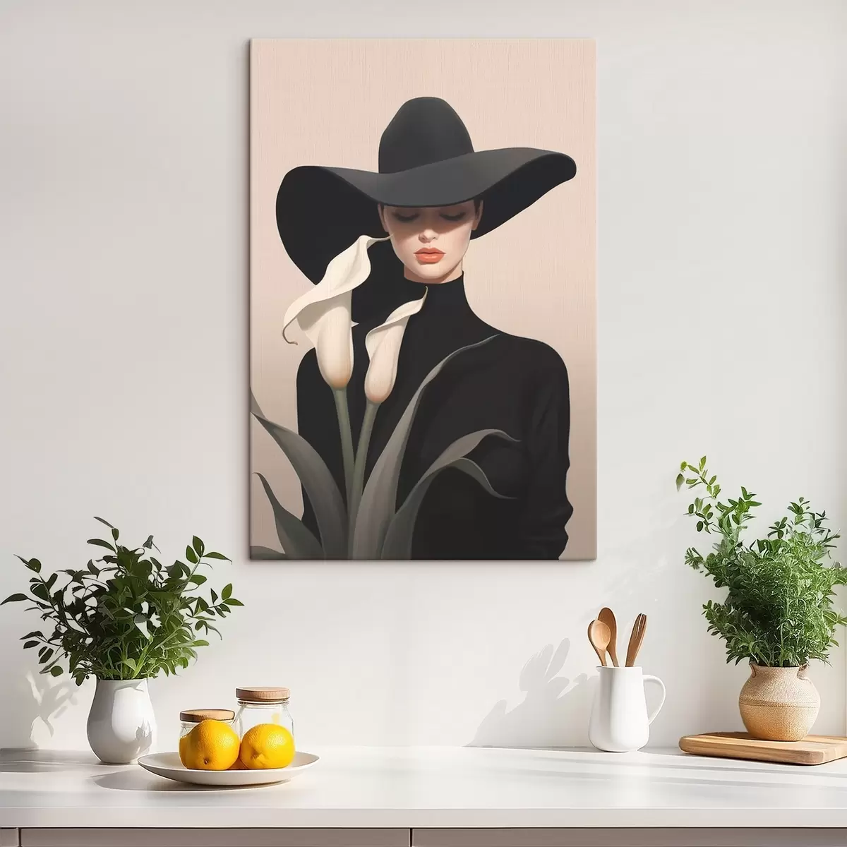 Tableau Fille au chapeau avec des calas s46420