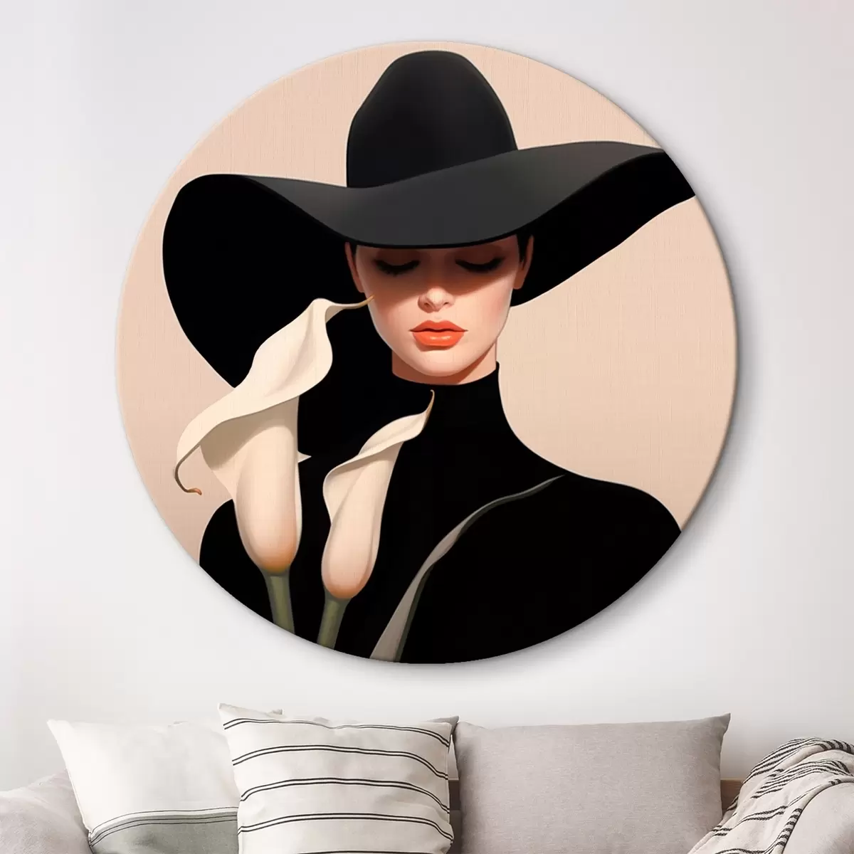 Tableaux rondes Fille au chapeau avec des calas r46420