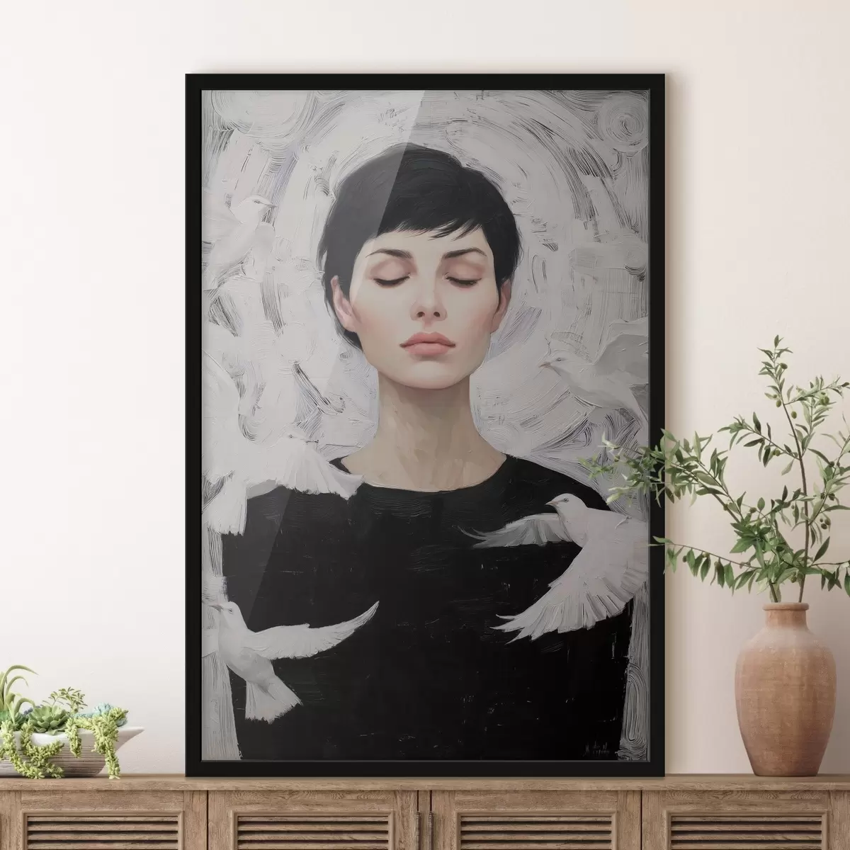 Poster Fille avec des oiseaux f46368