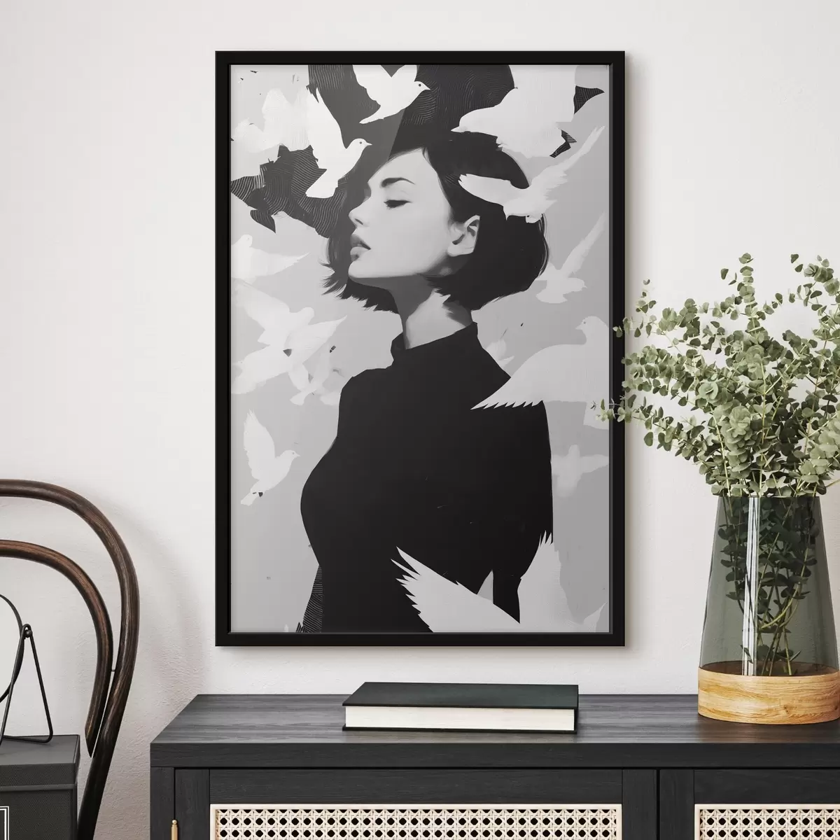 Poster Fille avec des oiseaux f46369