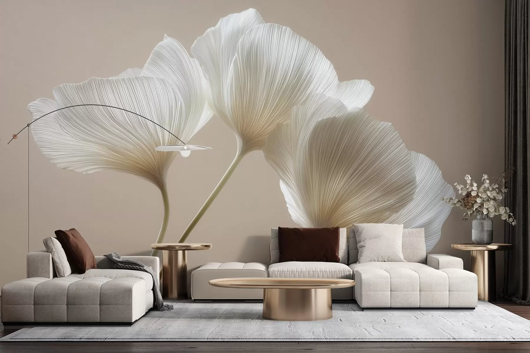 Papier peint trois fleurs délicates sur fond beige w04810