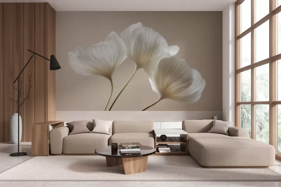 Papier peint trois fleurs délicates sur fond beige w04810