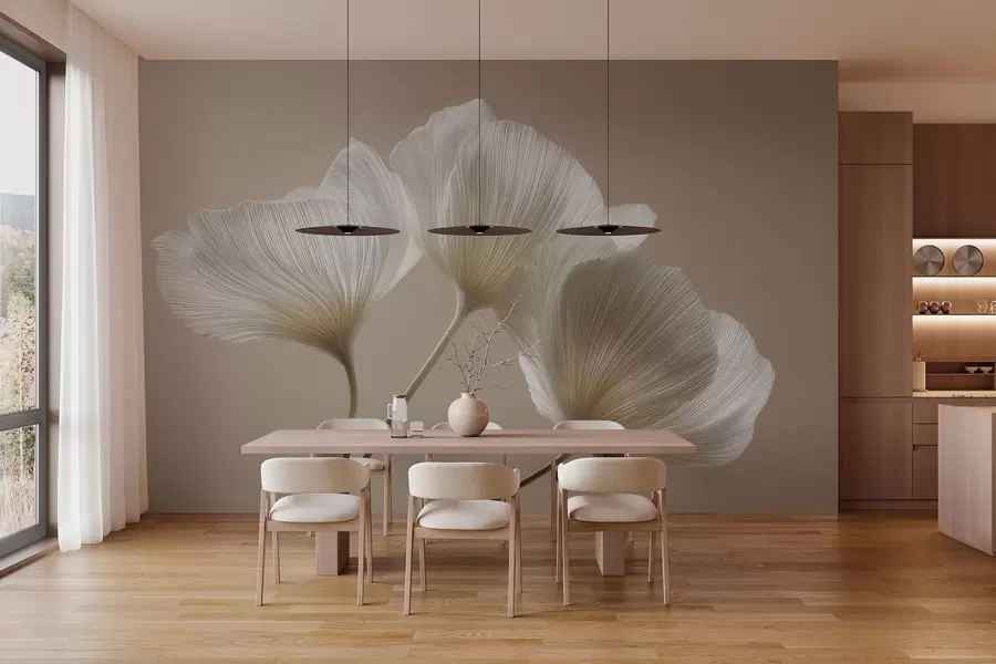 Papier peint trois fleurs délicates sur fond beige w04810