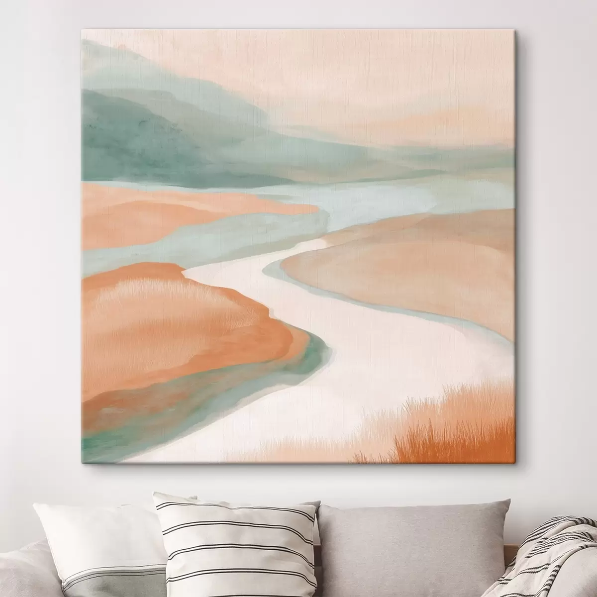 Tableau Paysage abstrait avec une rivière orange et verte s46316