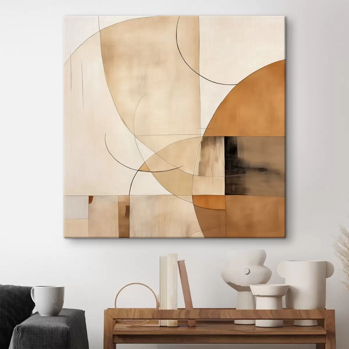Tableau Abstraction géométrique avec des lignes courbes et des tons beiges s46320