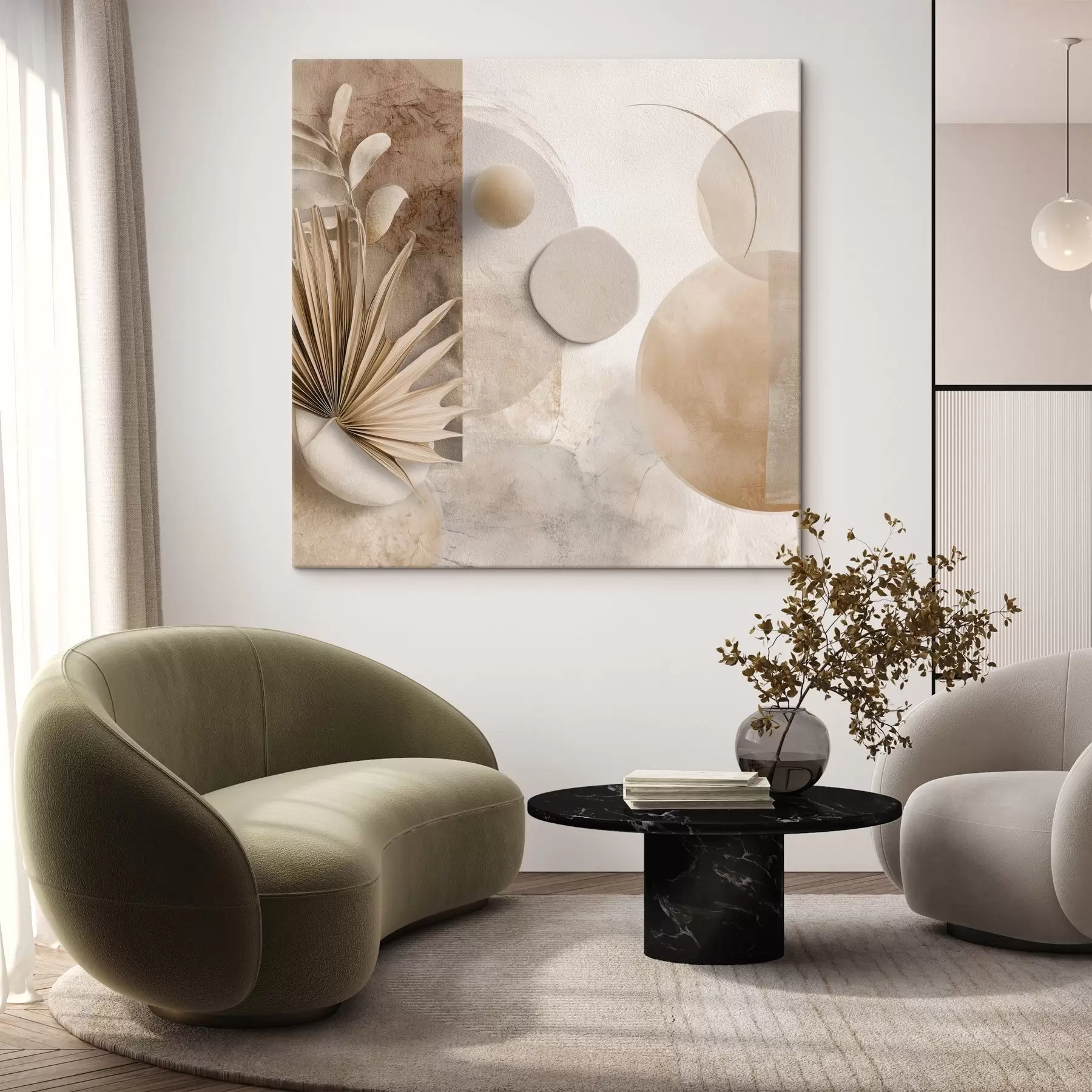 Tableau Feuilles de palmier séchées et cercles 3D dans les tons beiges s46310