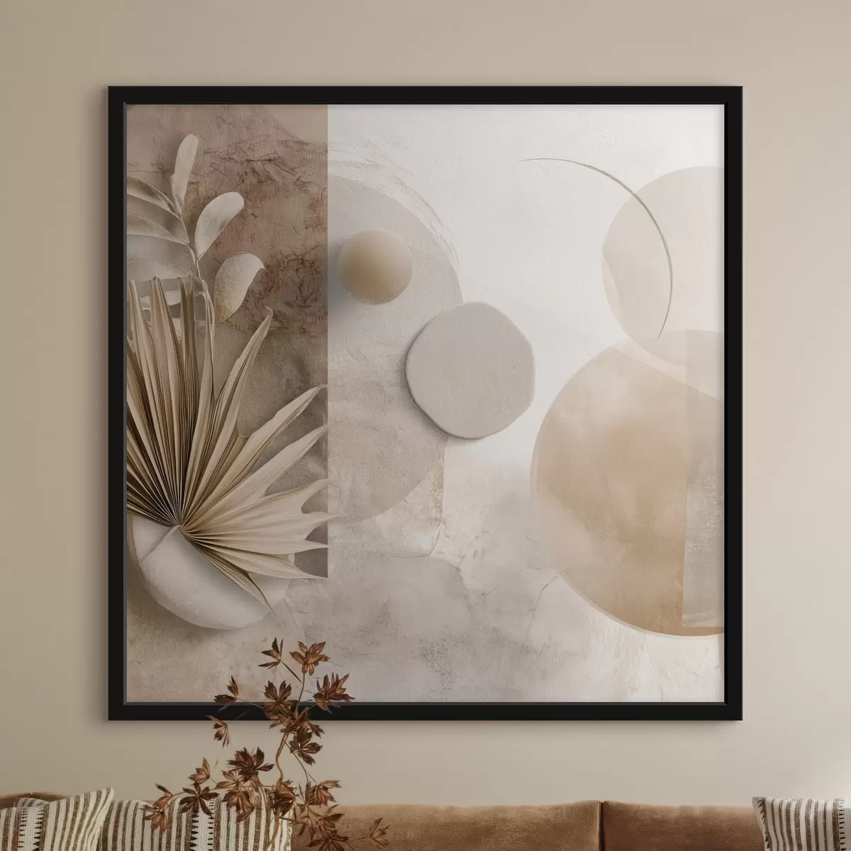 Poster Feuilles de palmier séchées et cercles 3D dans les tons beiges f46310