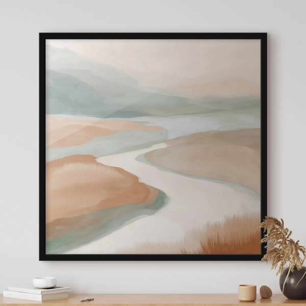 Poster Paysage abstrait avec une rivière orange et verte f46316