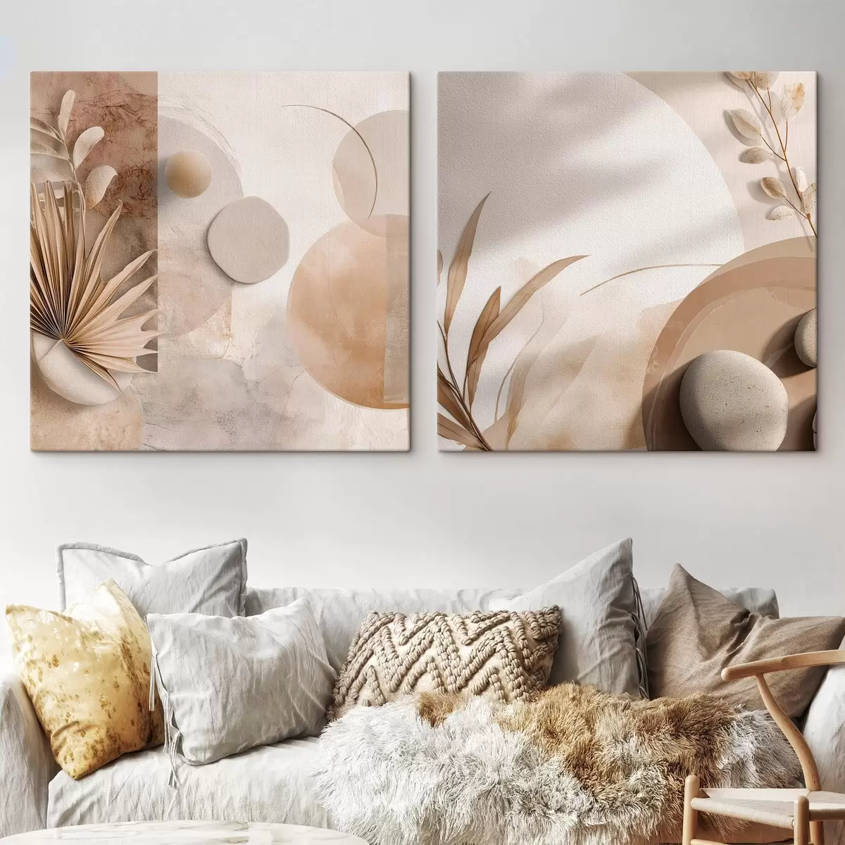 Tableau Deux toiles avec des feuilles séchées et des formes texturées m00893
