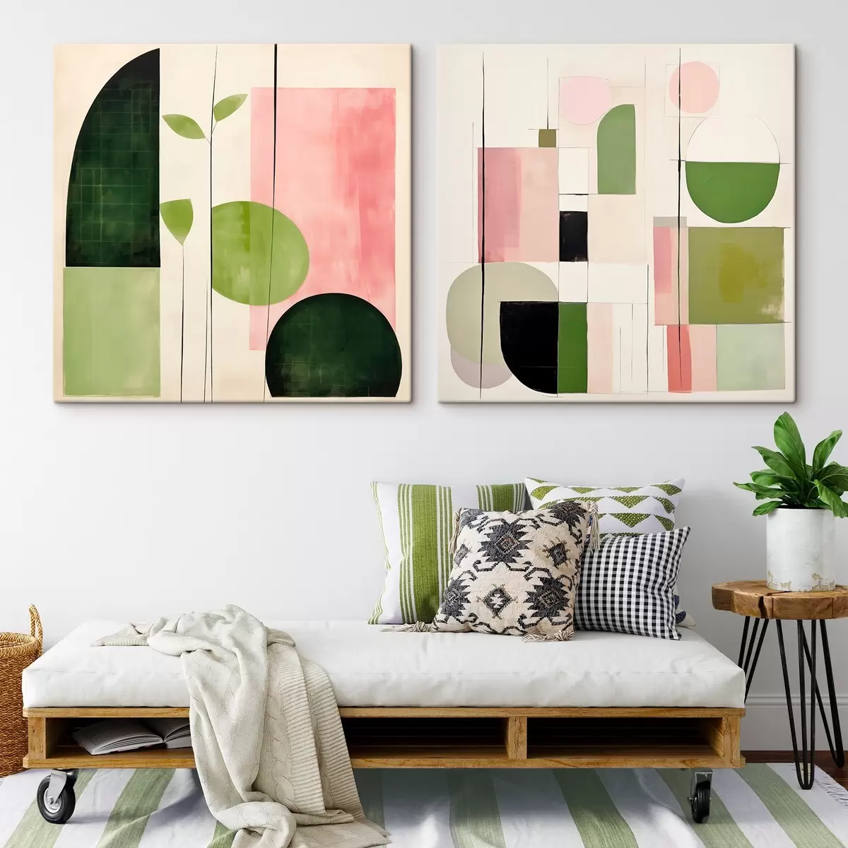 Tableau Diptyque minimaliste avec motifs floraux stylisés et géométriques m00894