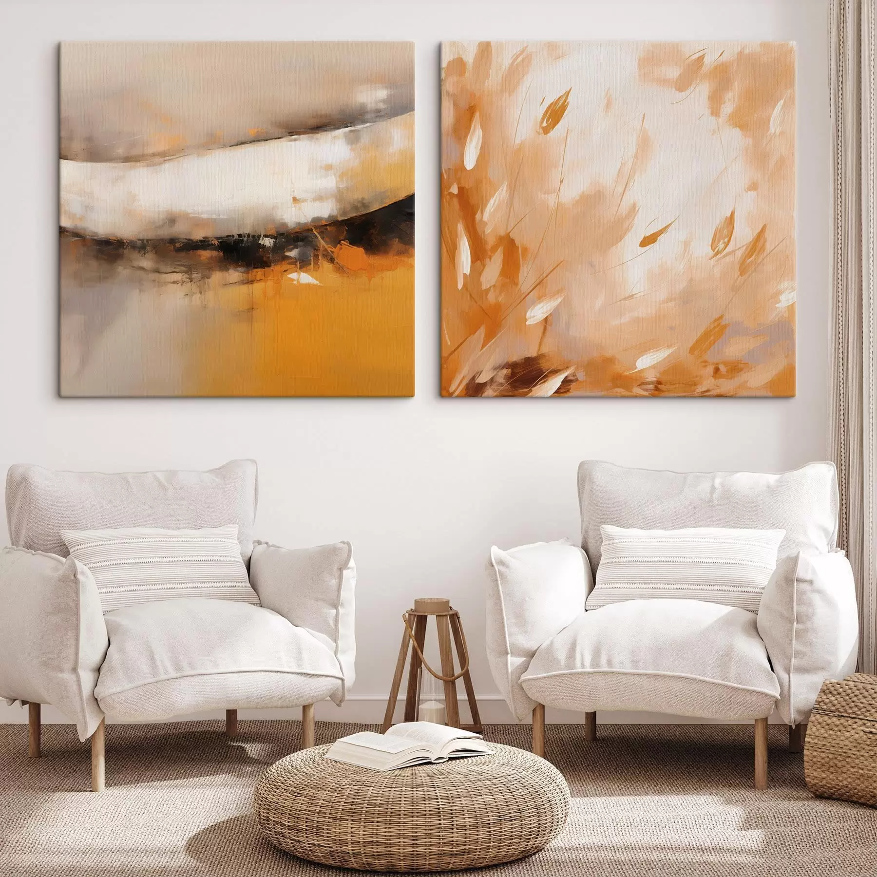 Tableau Diptyque abstrait dans un style huileux avec des tons jaune-orange et noir m00897