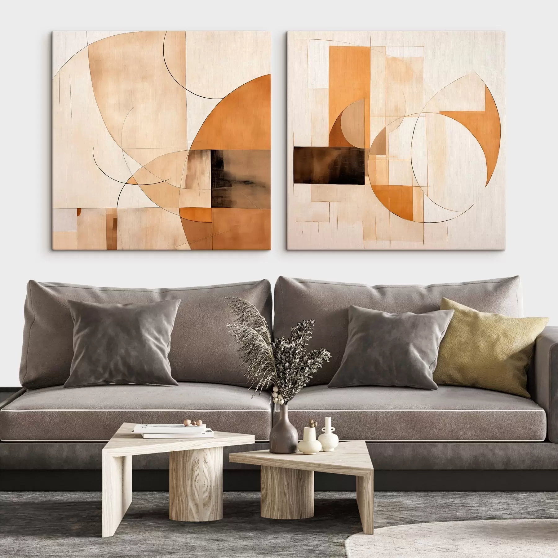 Tableau Abstraction moderne avec des cercles et des lignes dans des tons café au lait m00898