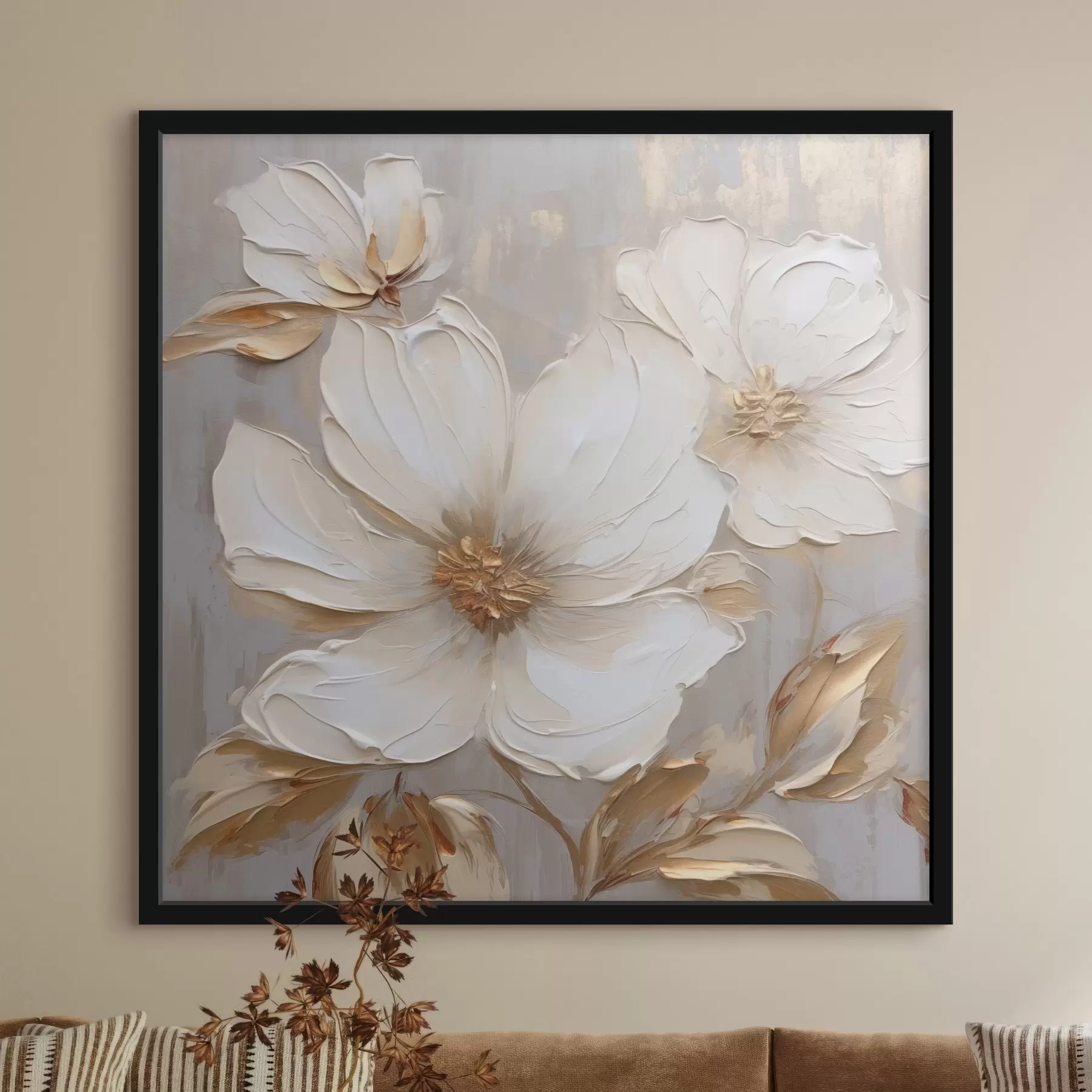 Papier peint Grandes fleurs texturées avec des coups de pinceau dans une palette de couleurs chaudes f46176