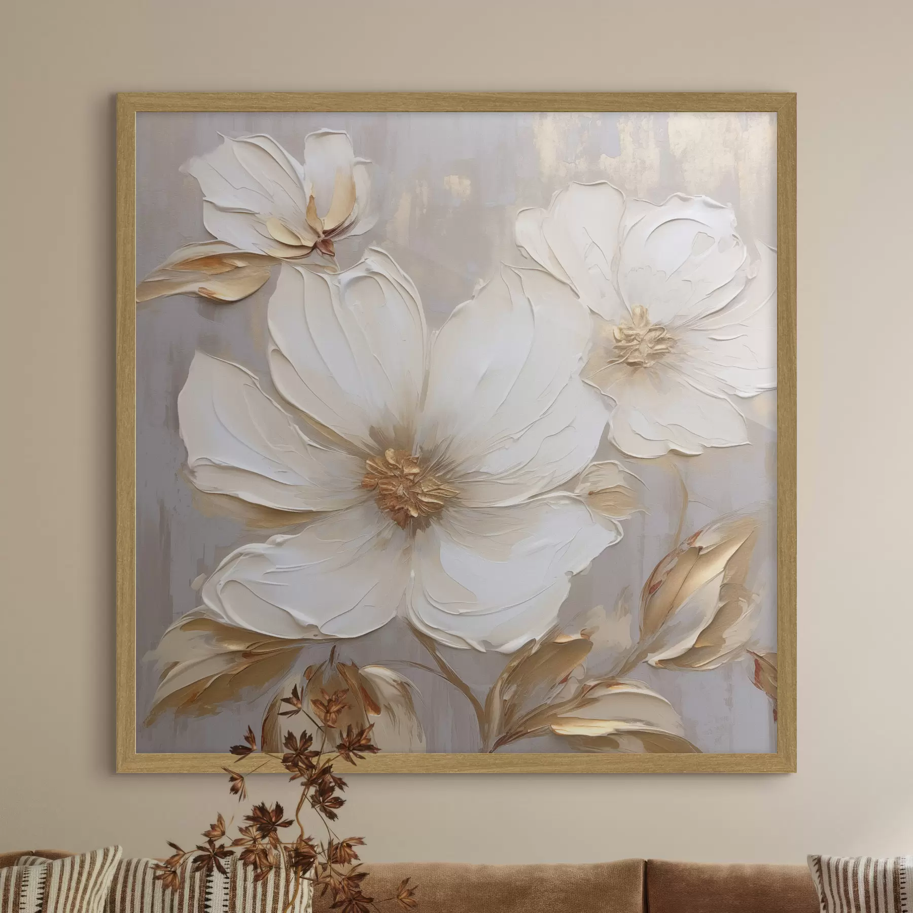 Papier peint Grandes fleurs texturées avec des coups de pinceau dans une palette de couleurs chaudes f46176