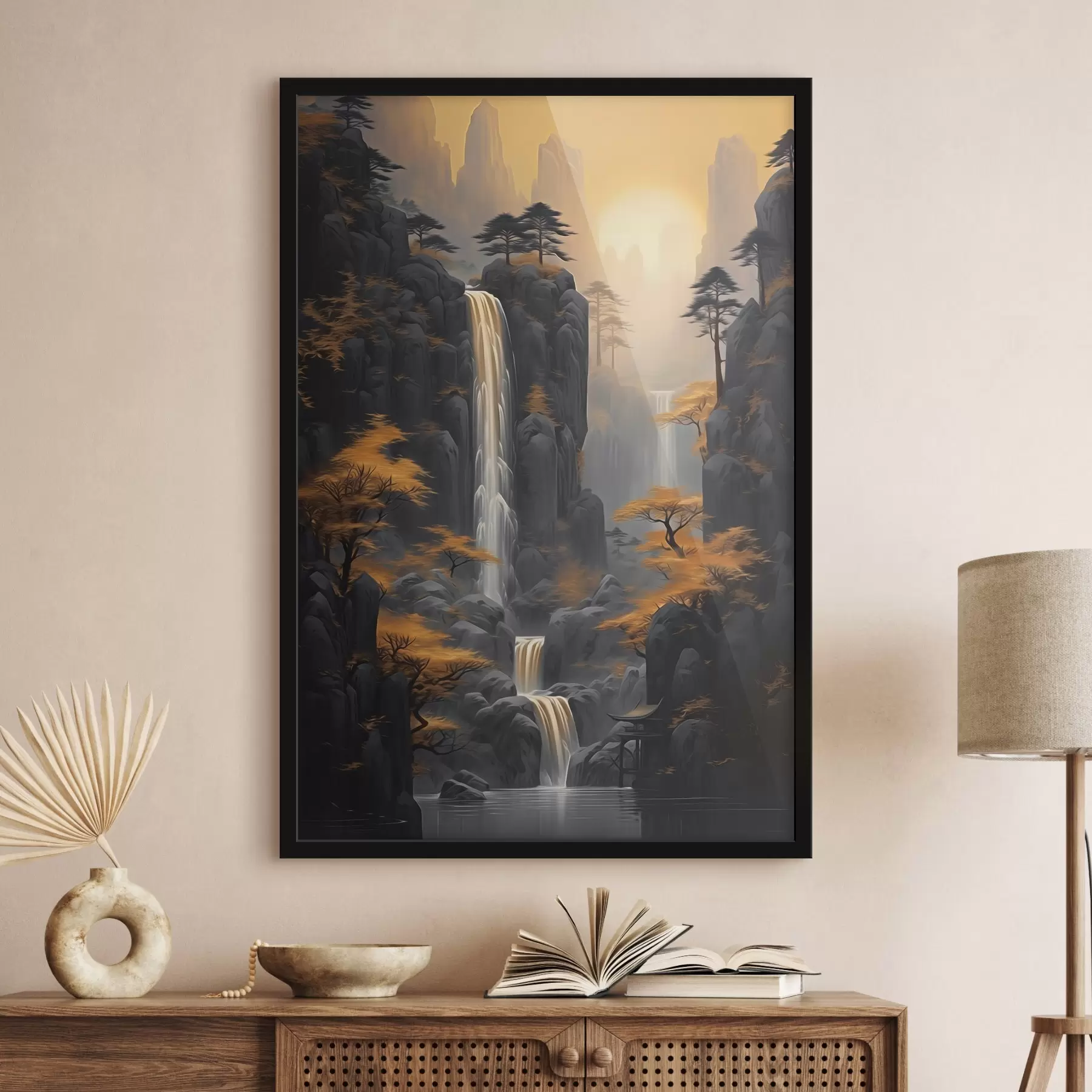 Papier peint Paysage rocheux avec une cascade dans les tons chauds du coucher de soleil f46177