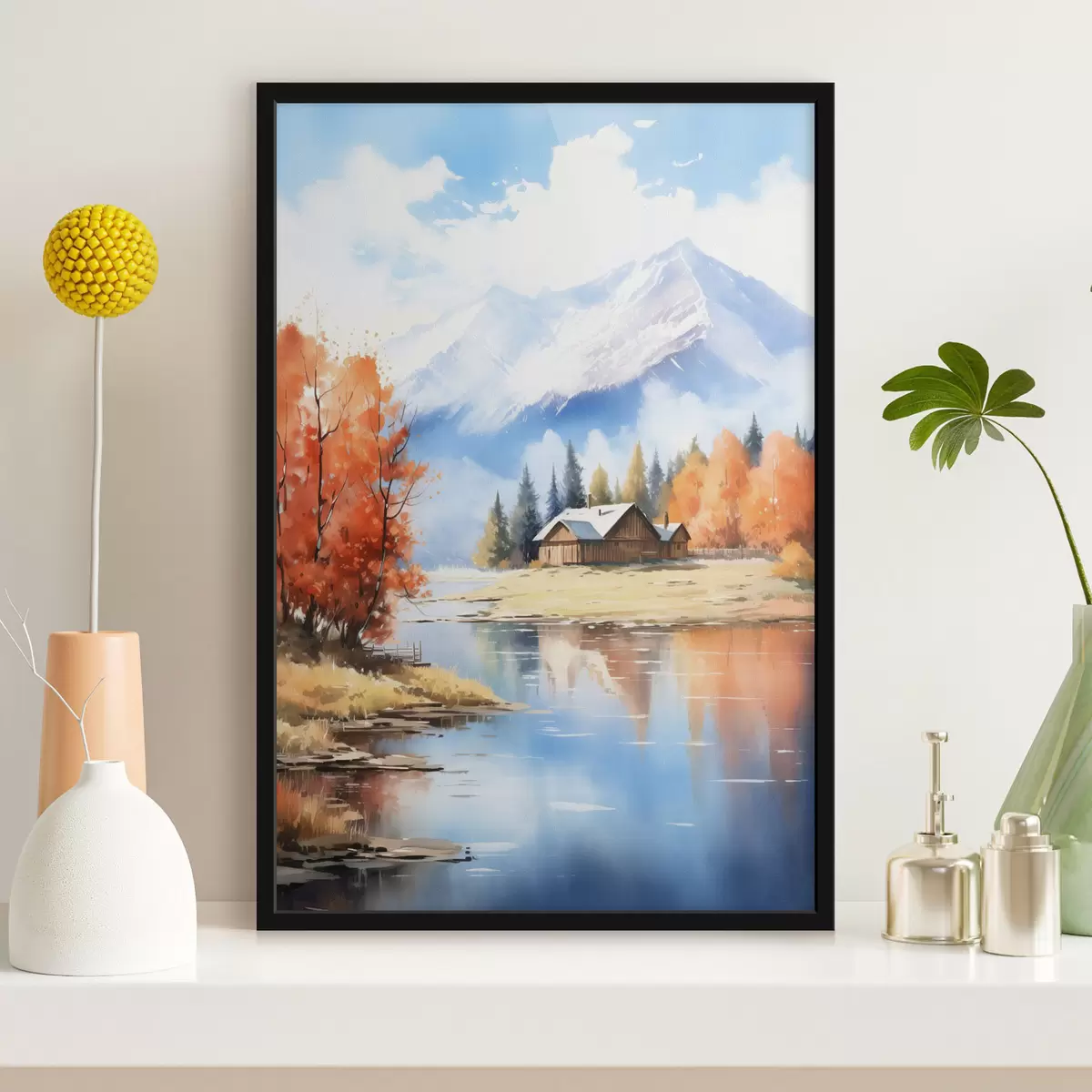 Poster Paysage automnal au bord d'un lac avec une maison et des montagnes f46184