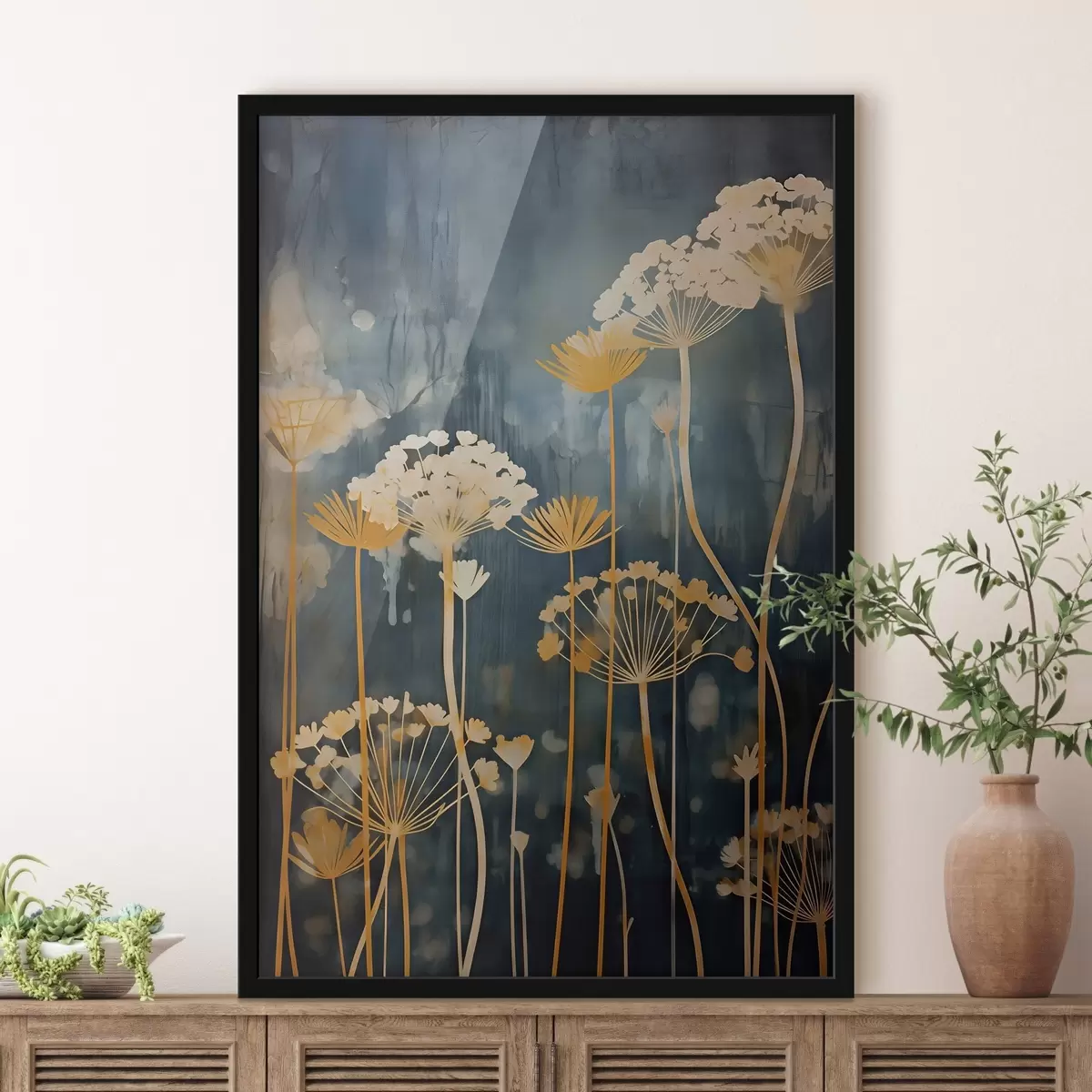Poster Fleurs stylisées aux tiges fines sur fond sombre f46188