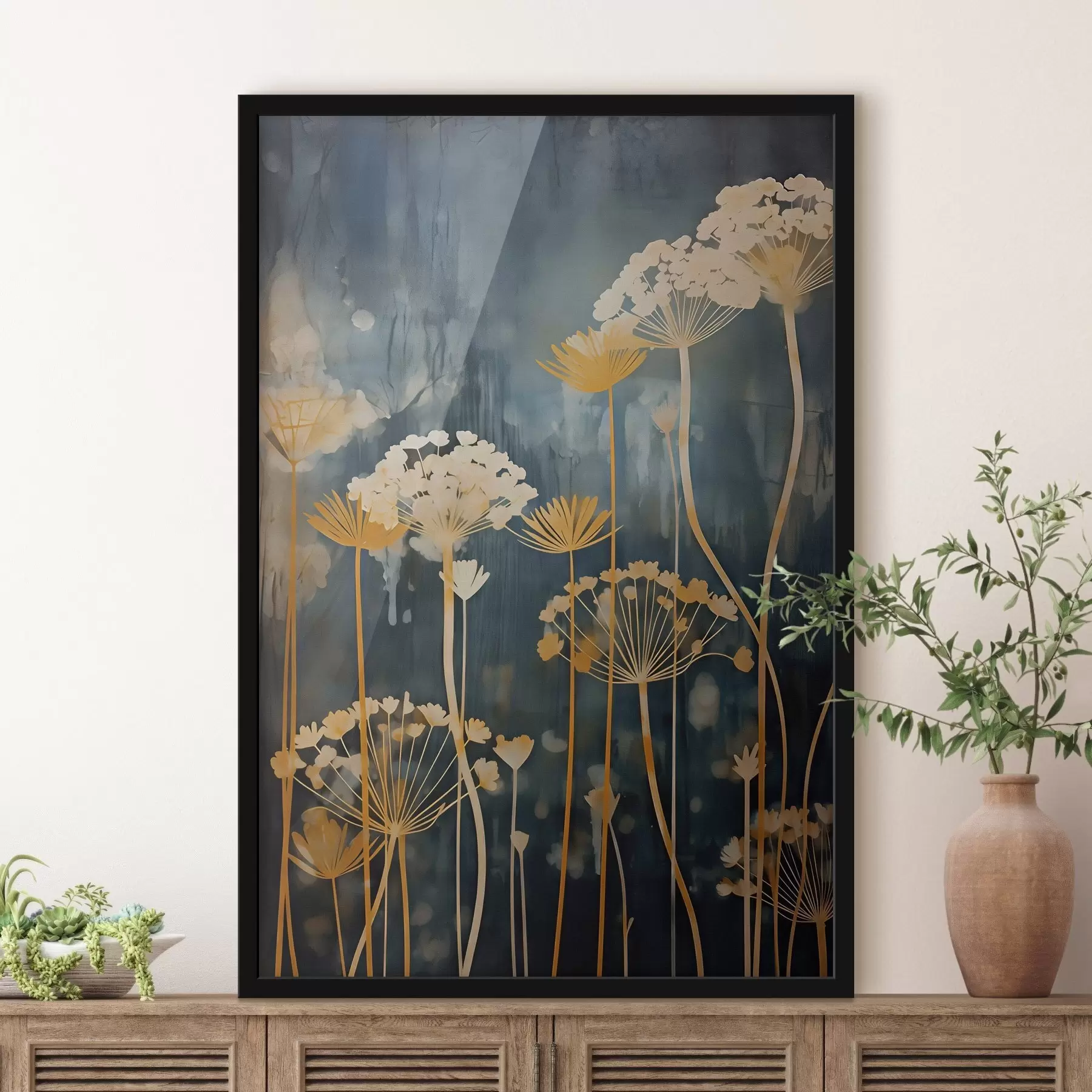 Papier peint Fleurs stylisées aux tiges fines sur fond sombre f46188