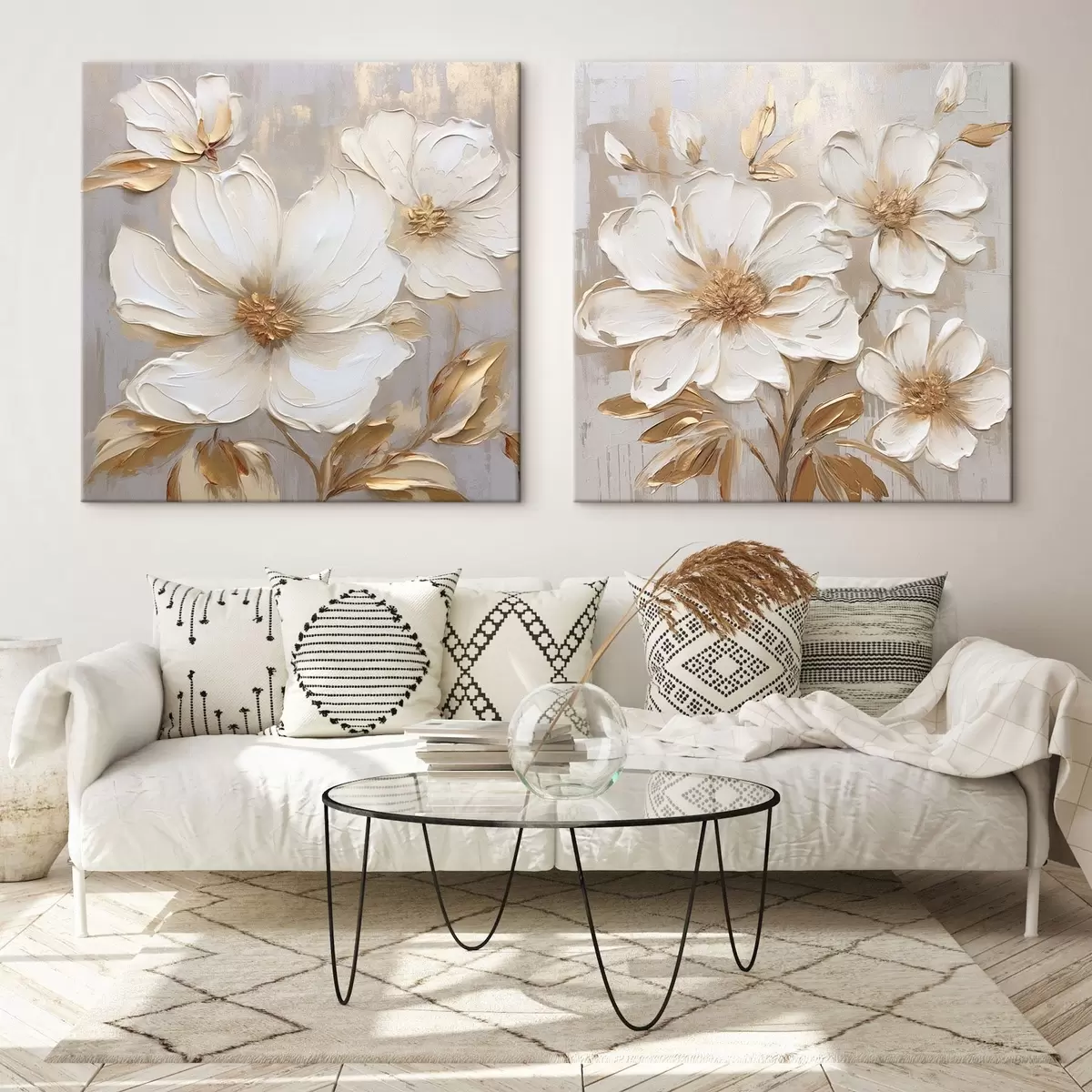 Tableau Diptyque avec de grandes fleurs aux couleurs chaudes et claires m00927