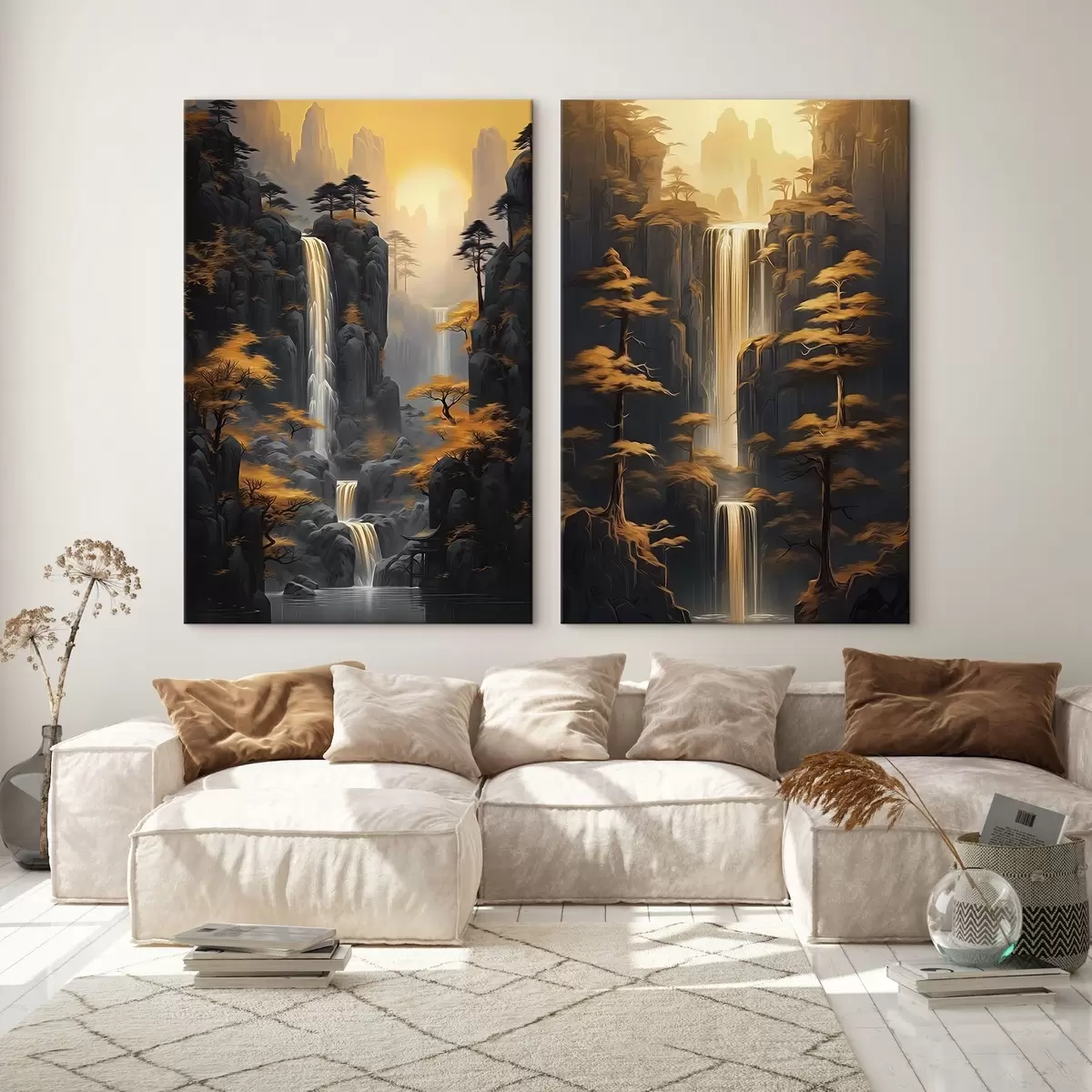 Tableau Paysage avec cascade et montagnes baignés d'une lumière dorée m00928