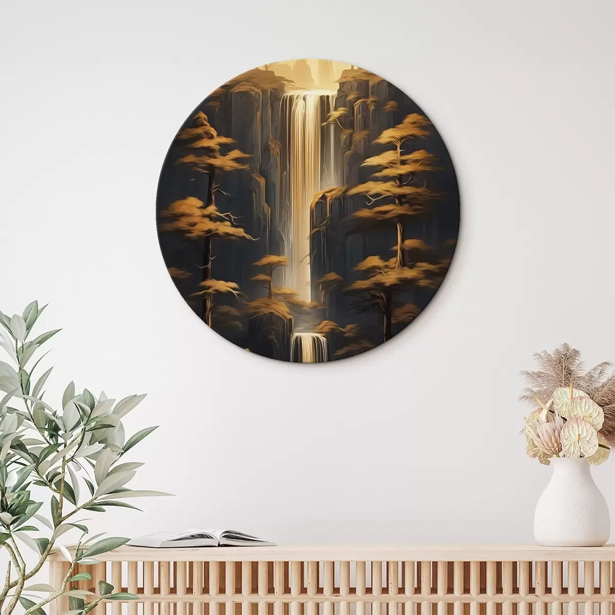 Tableaux rondes Hautes falaises avec une cascade et des pins dans la lumière du soir r46151