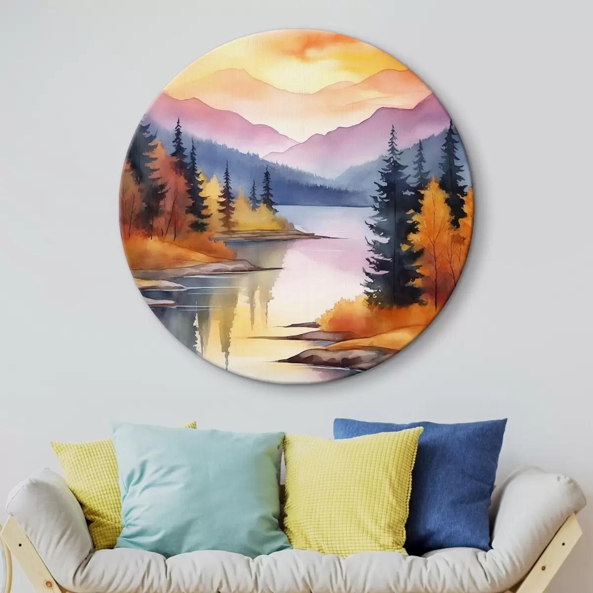 Tableaux rondes Paysage automnal au bord du lac avec un ciel lumineux r46155
