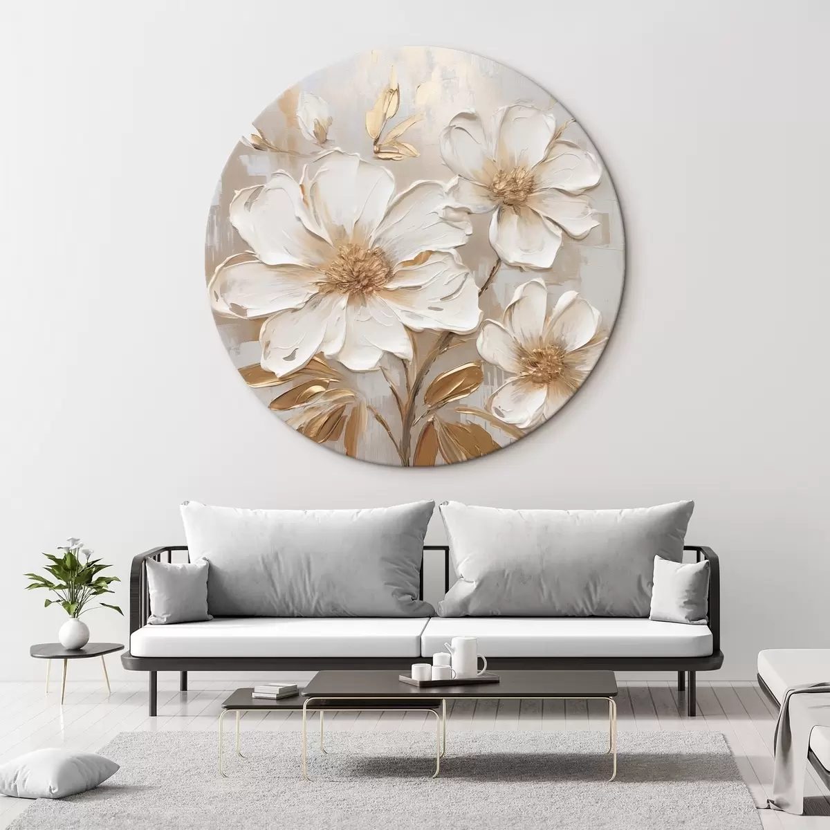 Tableaux rondes Fleurs texturées sur fond clair aux nuances chaudes r46166