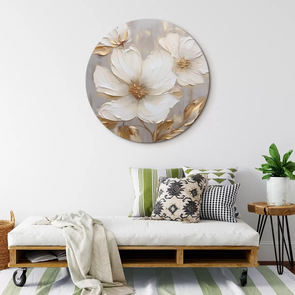 Tableaux rondes Grandes fleurs texturées avec des coups de pinceau dans une palette de couleurs chaudes r46176