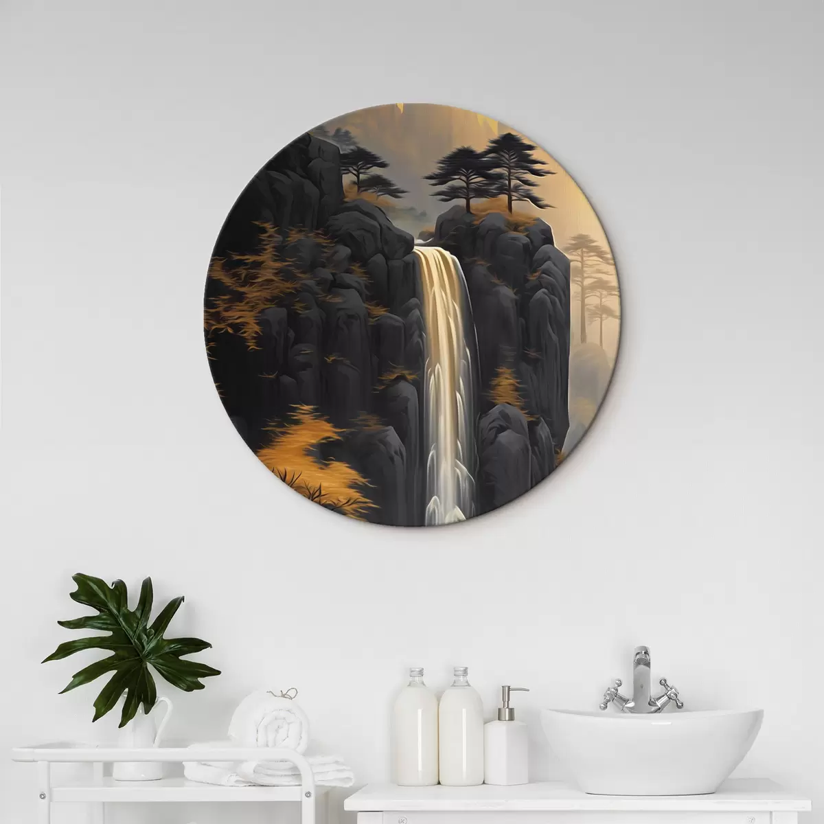 Tableaux rondes Paysage rocheux avec une cascade dans les tons chauds du coucher de soleil r46177