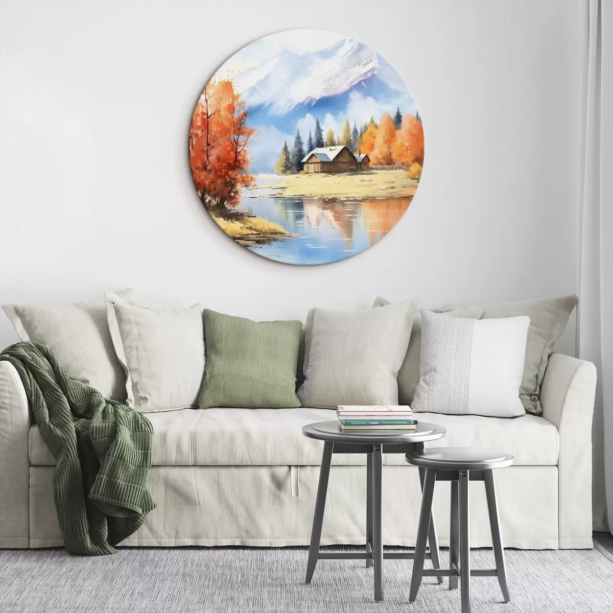Tableaux rondes Paysage automnal au bord d'un lac avec une maison et des montagnes r46184