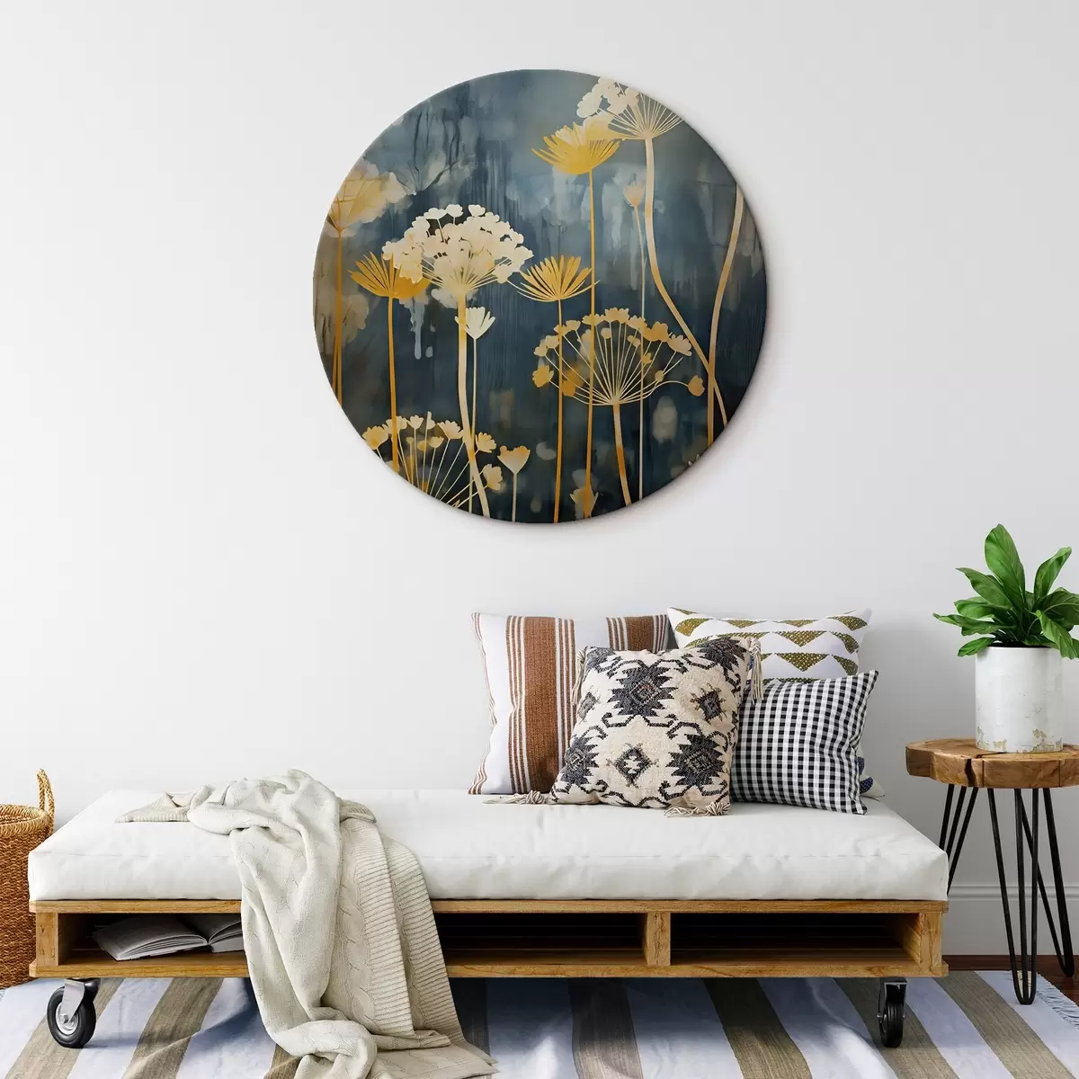 Tableaux rondes Fleurs stylisées aux tiges fines sur fond sombre r46188