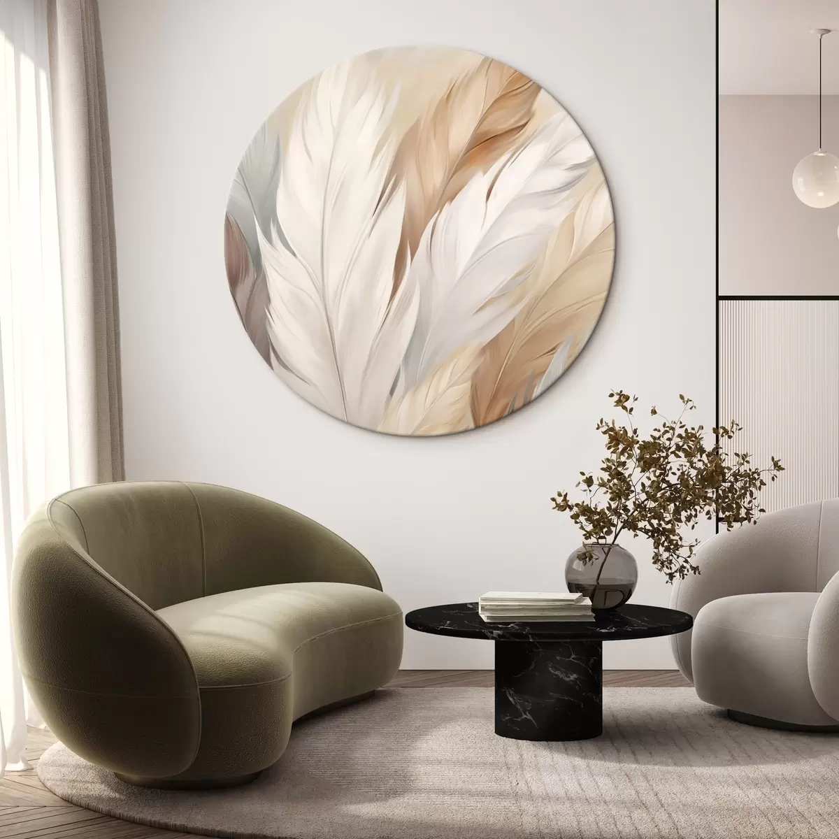 Tableaux rondes Plumes douces dans les tons beige et gris r46190