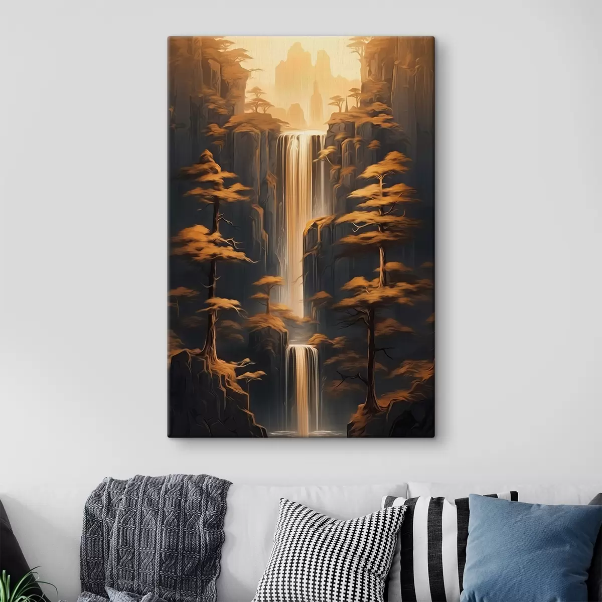 Tableau Hautes falaises avec une cascade et des pins dans la lumière du soir s46151