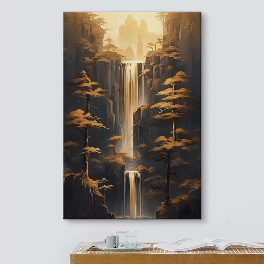 Tableau Hautes falaises avec une cascade et des pins dans la lumière du soir s46151