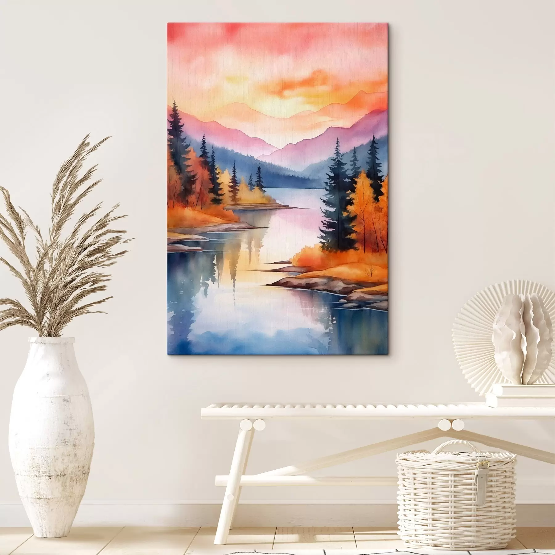 Tableau Paysage automnal au bord du lac avec un ciel lumineux s46155