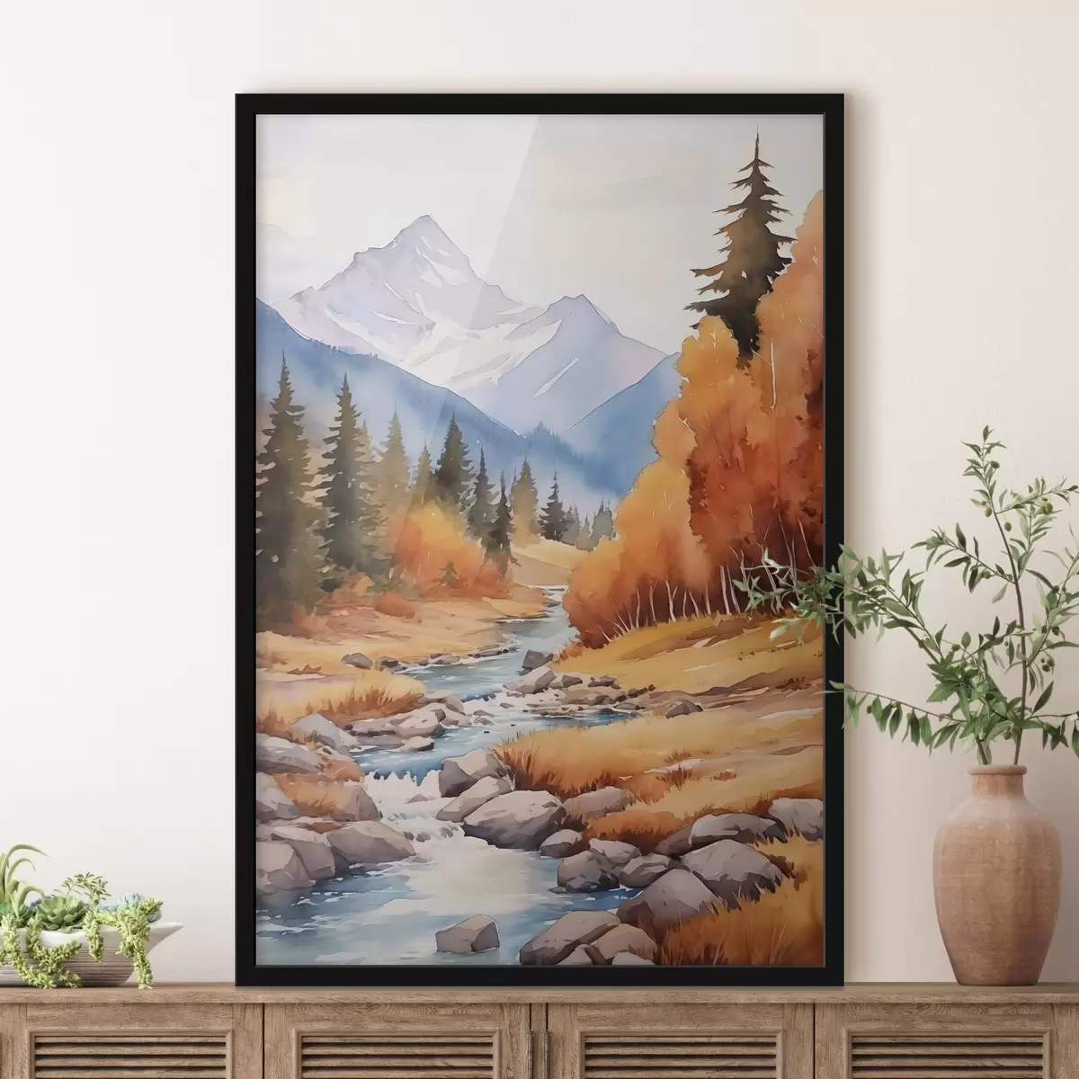 Poster Paysage montagneux automnal avec une rivière et une forêt aux couleurs vives f46187