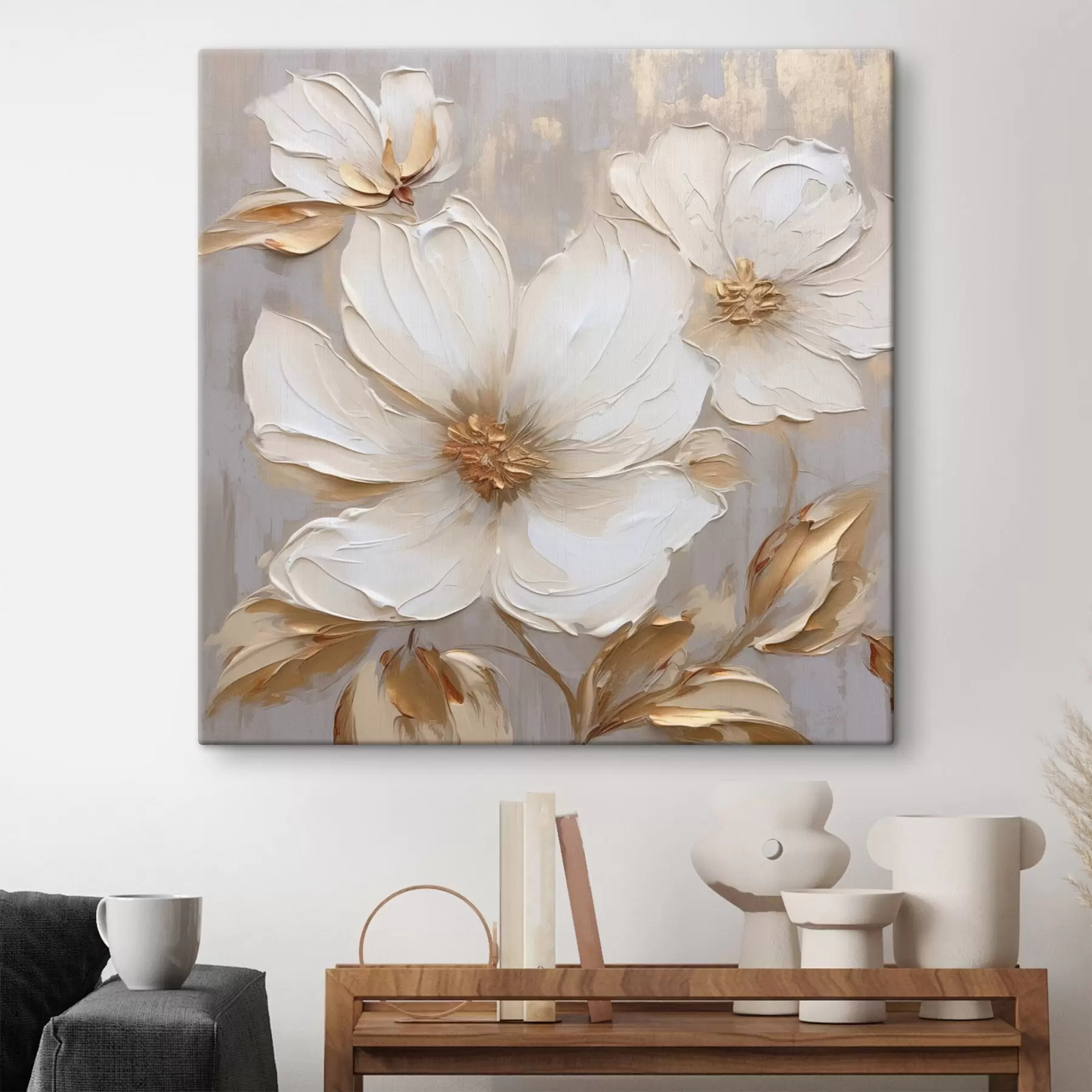 Tableau Grandes fleurs texturées avec des coups de pinceau dans une palette de couleurs chaudes s46176