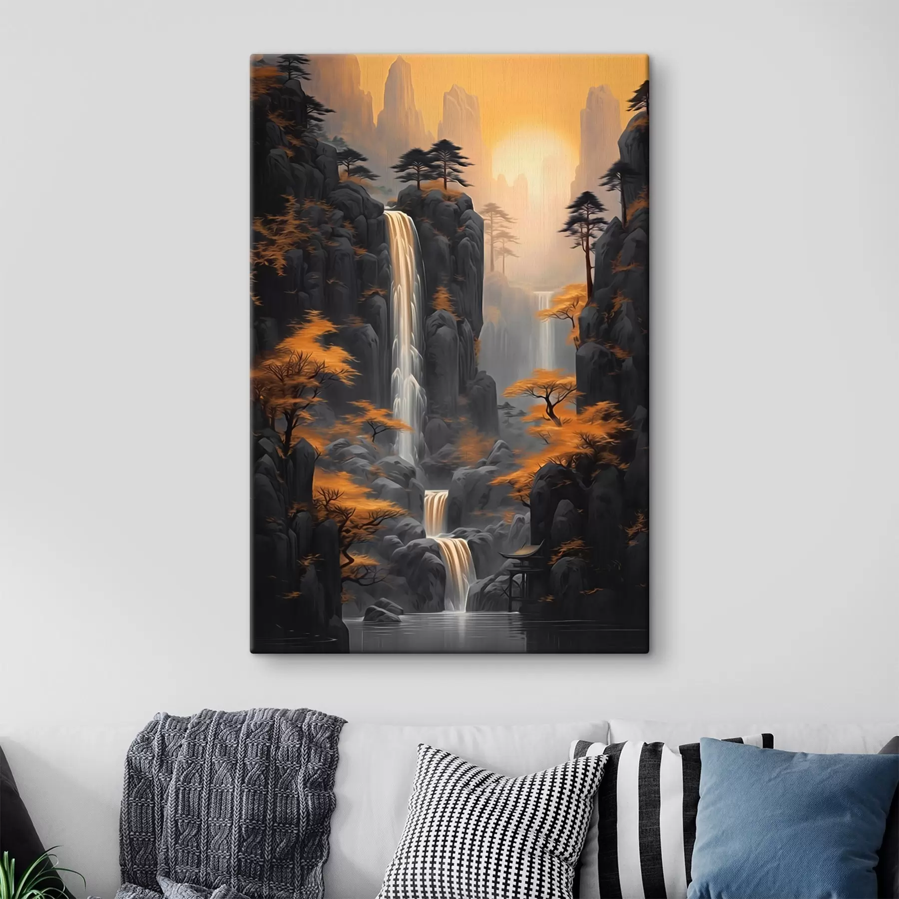 Tableau Paysage rocheux avec une cascade dans les tons chauds du coucher de soleil s46177