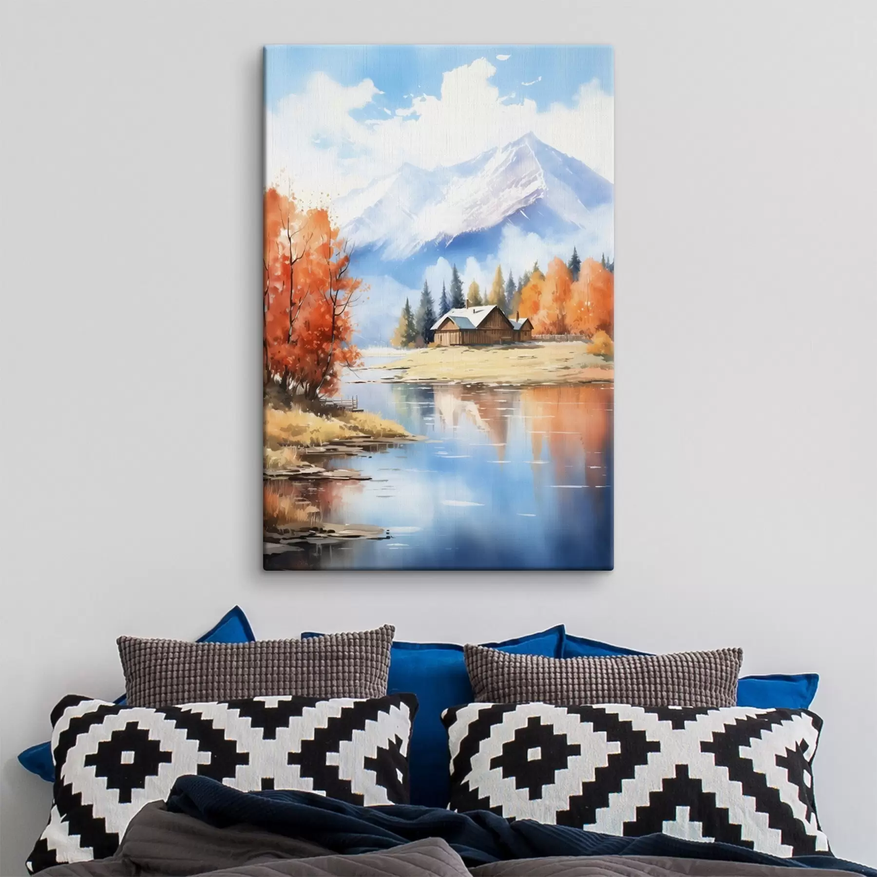Tableau Paysage automnal au bord d'un lac avec une maison et des montagnes s46184