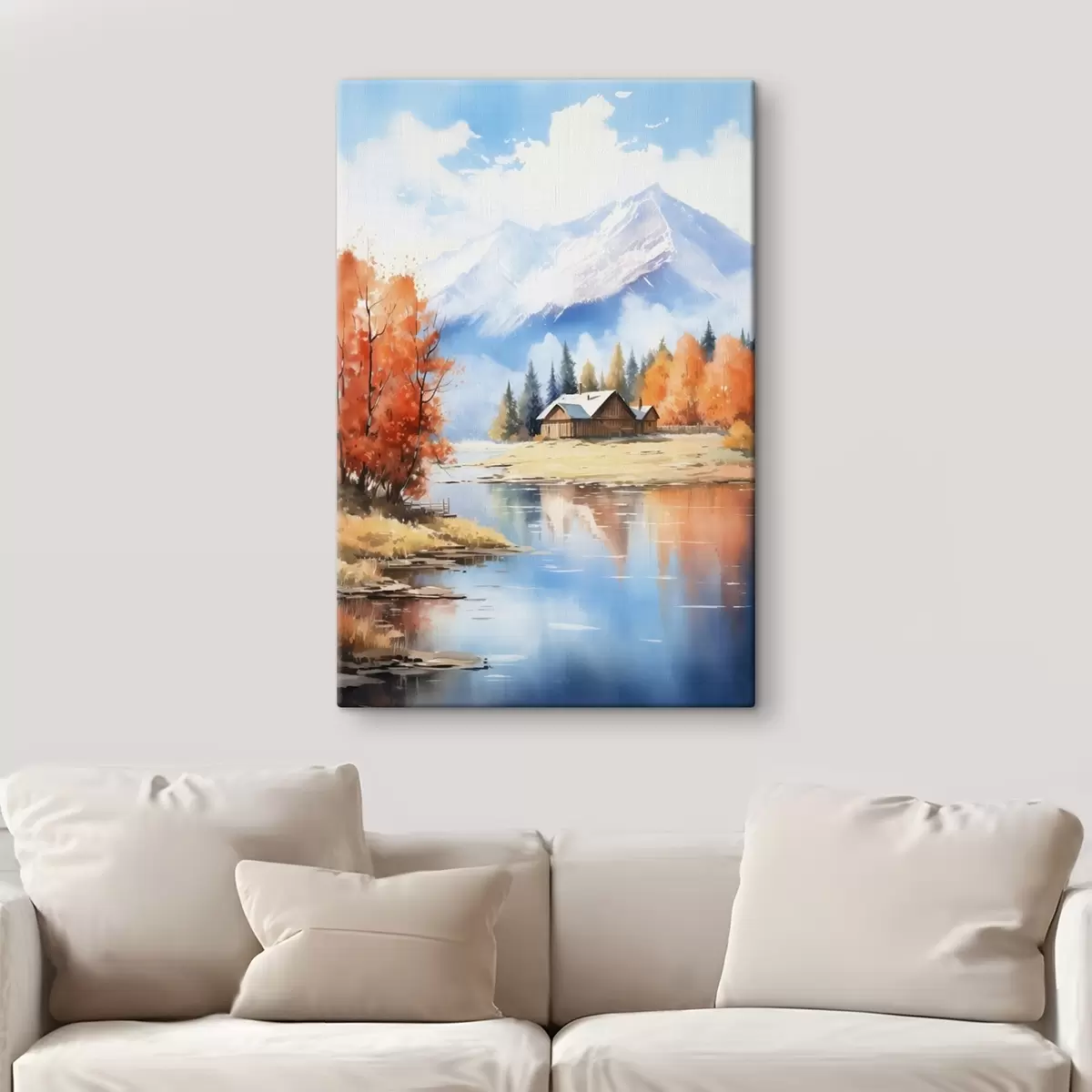 Tableau Paysage automnal au bord d'un lac avec une maison et des montagnes s46184