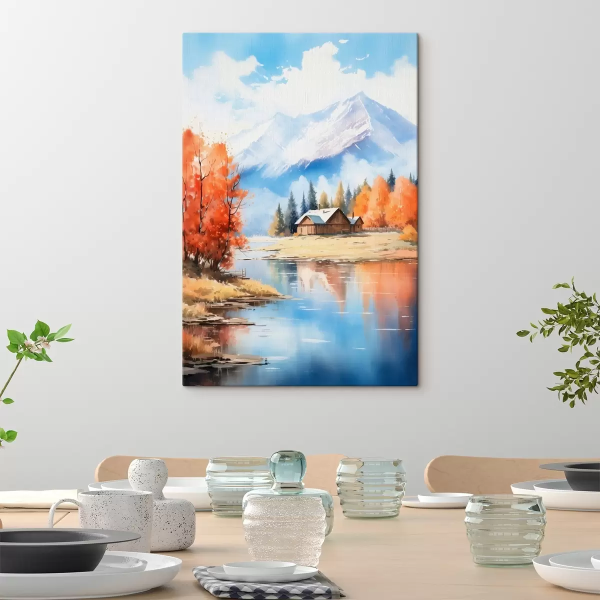 Tableau Paysage automnal au bord d'un lac avec une maison et des montagnes s46184