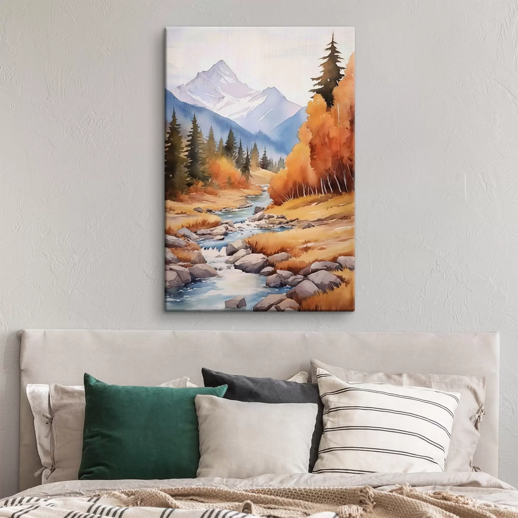 Tableau Paysage montagneux automnal avec une rivière et une forêt aux couleurs vives s46187