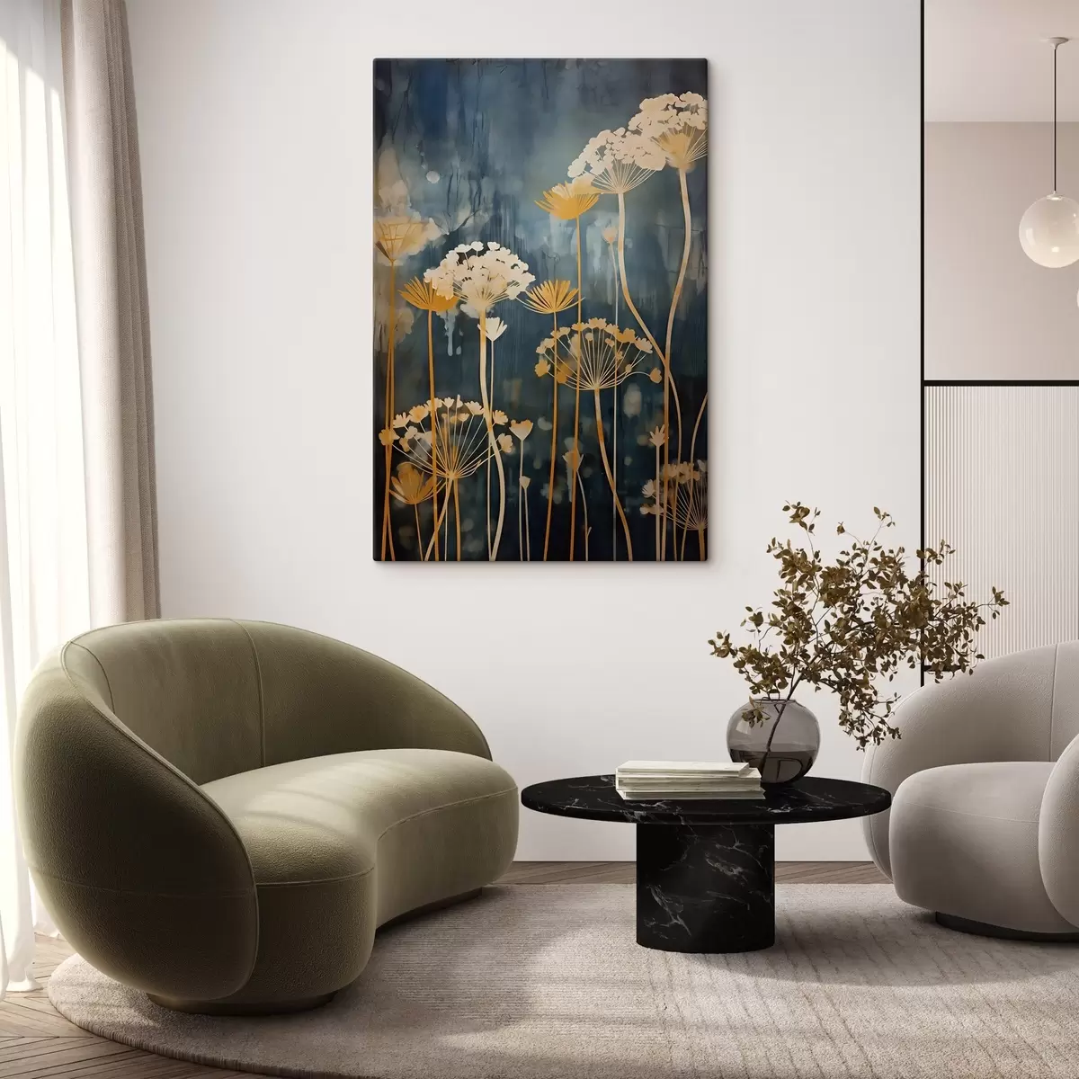 Tableau Fleurs stylisées aux tiges fines sur fond sombre s46188