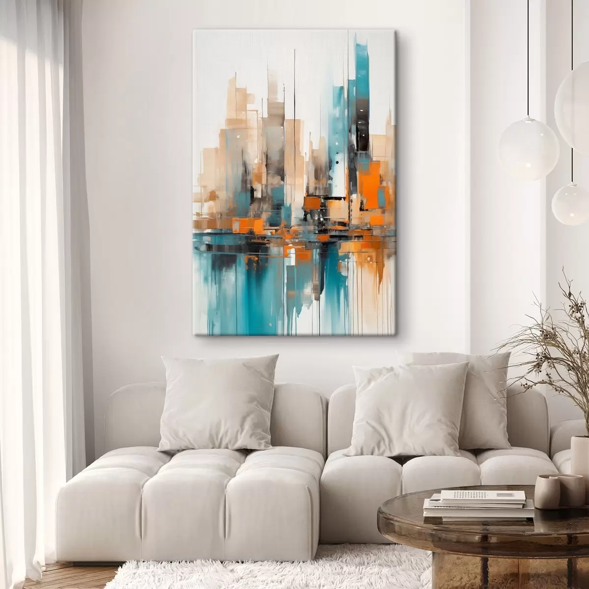 Tableau Paysage urbain abstrait avec des touches de couleur orange, bleu sarcelle et marron, des coups de pinceau verticaux et des formes géométriques s46266